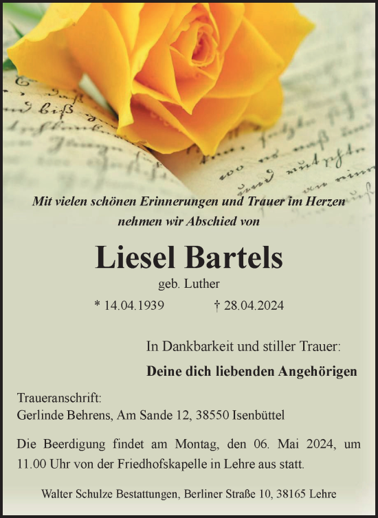 Traueranzeige von Liesel Bartels von Helmstedter Nachrichten