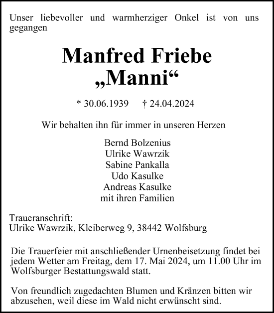 Traueranzeige von Manfred Friebe von Wolfsburger Nachrichten