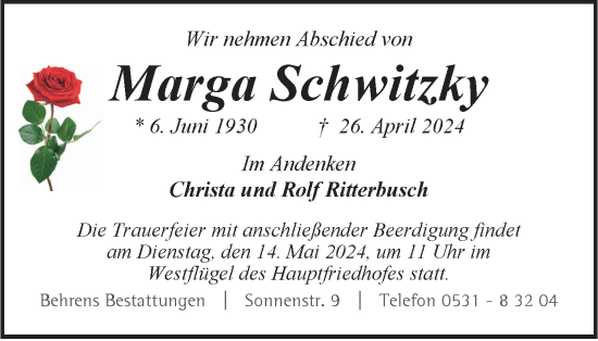 Traueranzeige von Marga Schwitzky von Braunschweiger Zeitung