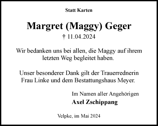 Traueranzeige von Margret  Geger von Wolfsburger Nachrichten