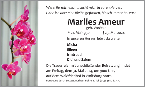 Traueranzeige von Marlies Ameur von Wolfsburger Nachrichten