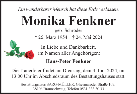 Traueranzeige von Monika Fenkner von Braunschweiger Zeitung