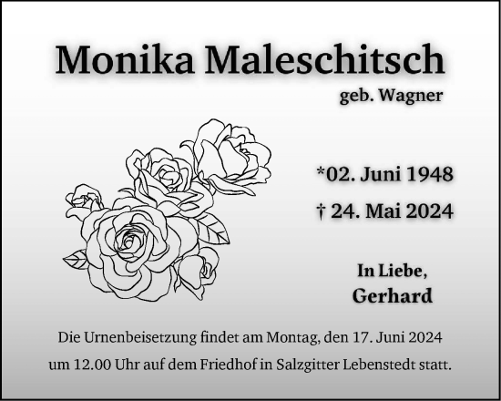 Traueranzeige von Monika Maleschitsch von Salzgitter-Zeitung