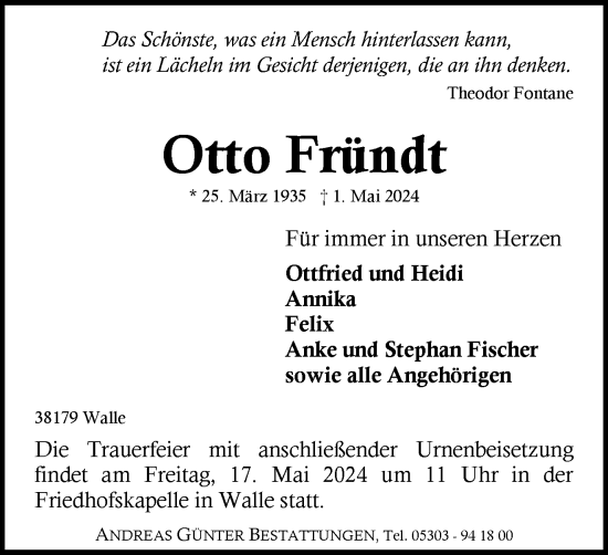 Traueranzeige von Otto Fründt von Braunschweiger Zeitung
