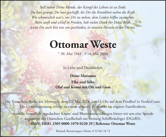 Traueranzeige von Ottomar Weste von Wolfsburger Nachrichten