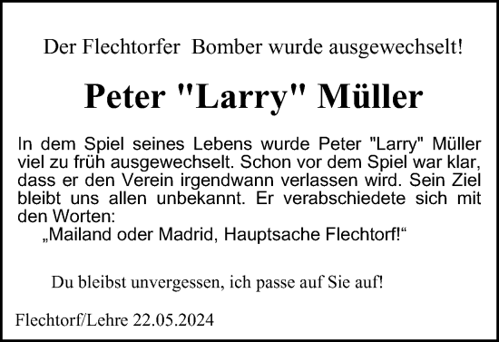 Traueranzeige von Peter Müller von Wolfsburger Nachrichten, Helmstedter Nachrichten