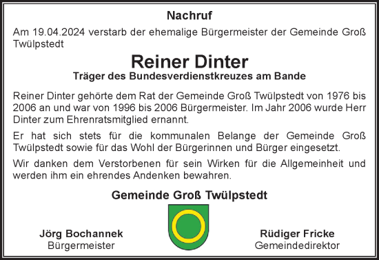 Traueranzeige von Reiner Dinter von Helmstedter Nachrichten