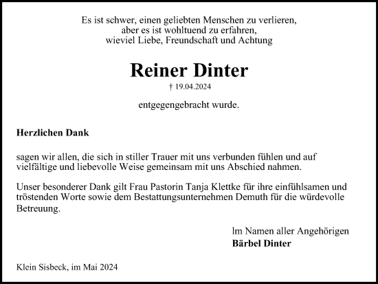 Traueranzeige von Reiner Dinter von Wolfsburger Nachrichten, Helmstedter Nachrichten