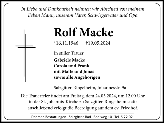 Traueranzeige von Rolf Macke von Salzgitter-Zeitung