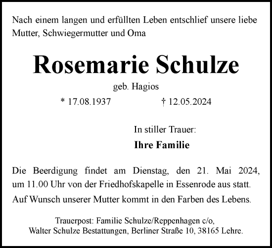 Traueranzeige von Rosemarie Schulze von Helmstedter Nachrichten