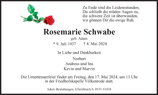 Traueranzeige von Rosemarie Schwabe von Braunschweiger Zeitung