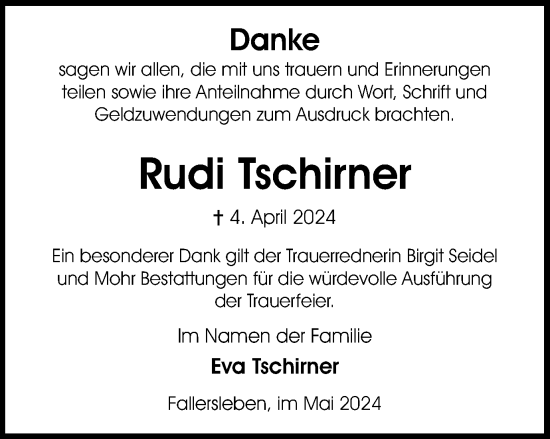 Traueranzeige von Rudi Tschirner von Wolfsburger Nachrichten