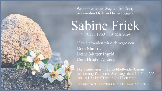 Traueranzeige von Sabine Frick von Wolfsburger Nachrichten