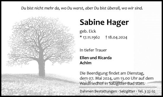 Traueranzeige von Sabine Hager von Salzgitter-Zeitung