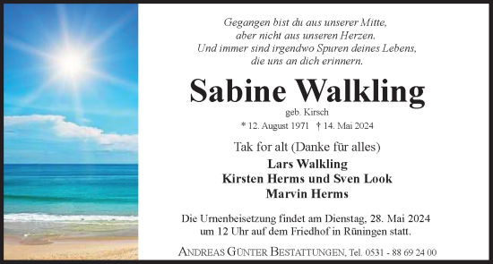 Traueranzeige von Sabine Walkling von Neue Braunschweiger am Samstag