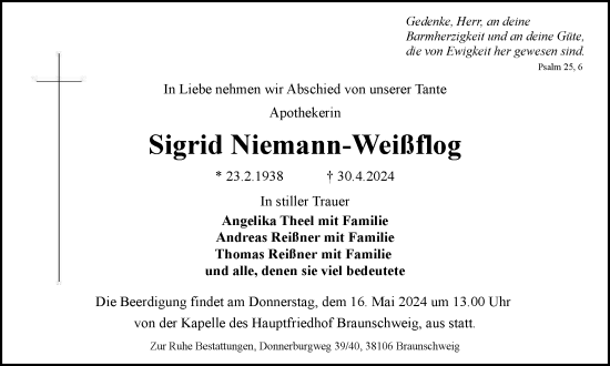 Traueranzeige von Sigrid Niemann-Weißflog von Braunschweiger Zeitung
