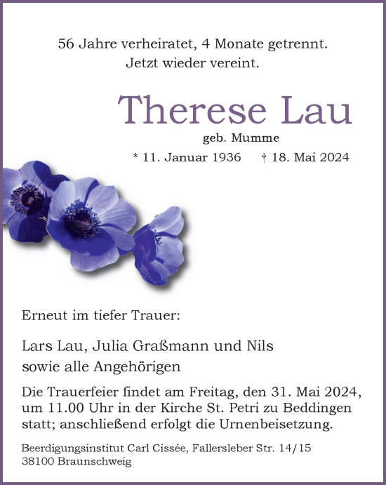 Traueranzeige von Therese Lau von Braunschweiger Zeitung, Salzgitter-Zeitung