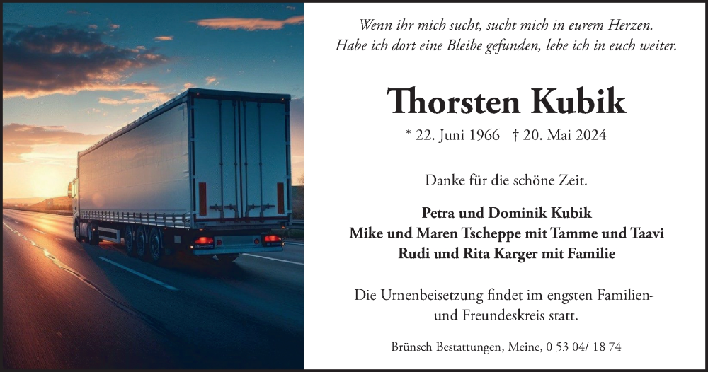  Traueranzeige für Thorsten Kubik vom 25.05.2024 aus Braunschweiger Zeitung