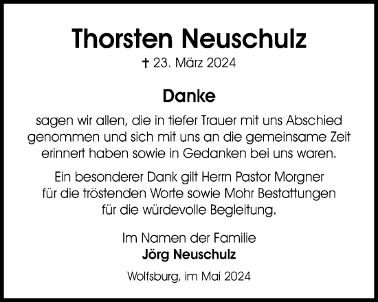 Traueranzeige von Thorsten Neuschulz von Wolfsburger Nachrichten