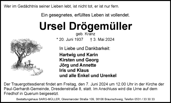 Traueranzeige von Ursel Drögemüller von Braunschweiger Zeitung