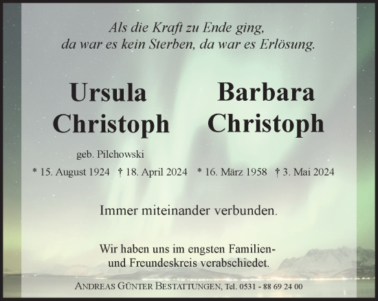 Traueranzeige von Ursula und Barbara Christoph von Braunschweiger Zeitung