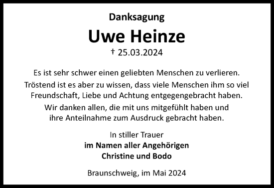 Traueranzeige von Uwe Heinze von Braunschweiger Zeitung