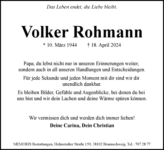 Traueranzeige von Volker Rohmann von Braunschweiger Zeitung