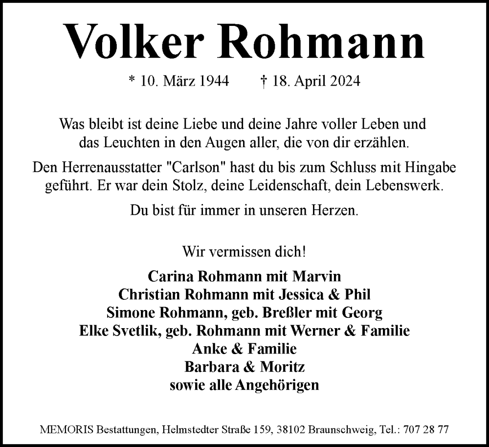  Traueranzeige für Volker Rohmann vom 11.05.2024 aus Braunschweiger Zeitung