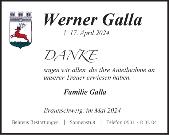 Traueranzeige von Werner Galla von Braunschweiger Zeitung