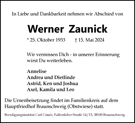 Traueranzeige von Werner Zaunick von Braunschweiger Zeitung