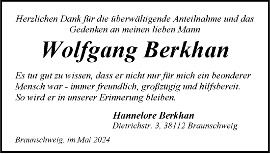 Traueranzeige von Wolfgang Berkhan von Braunschweiger Zeitung
