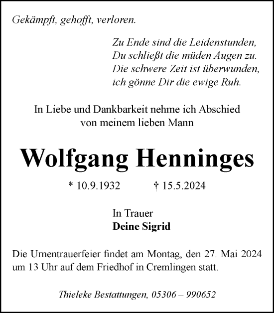 Traueranzeige von Wolfgang Henninges von Wolfenbütteler Zeitung