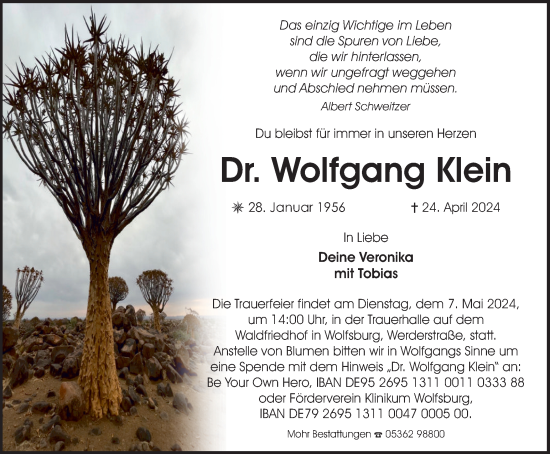 Traueranzeige von Wolfgang Klein von Wolfsburger Nachrichten