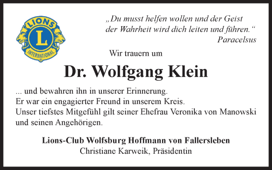 Traueranzeige von Wolfgang Klein von Wolfsburger Nachrichten