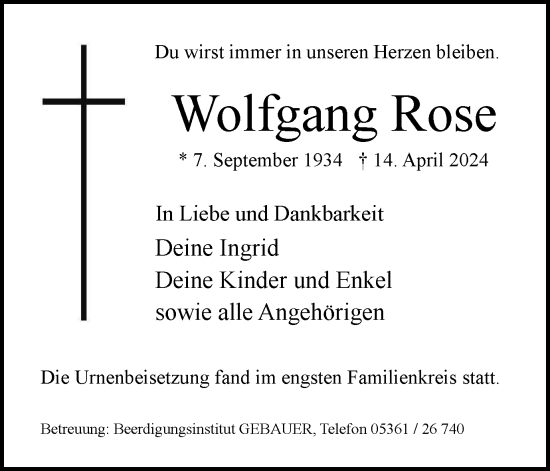 Traueranzeige von Wolfgang Rose von Wolfsburger Nachrichten