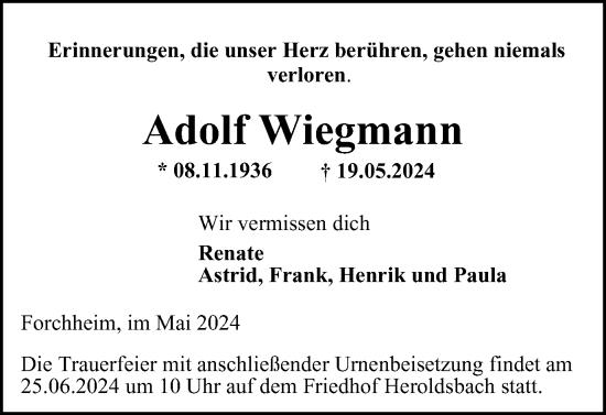 Traueranzeige von Adolf Wiegmann von Wolfenbütteler Zeitung