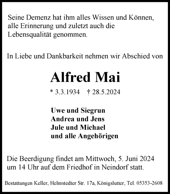 Traueranzeige von Alfred Mai von Wolfsburger Nachrichten