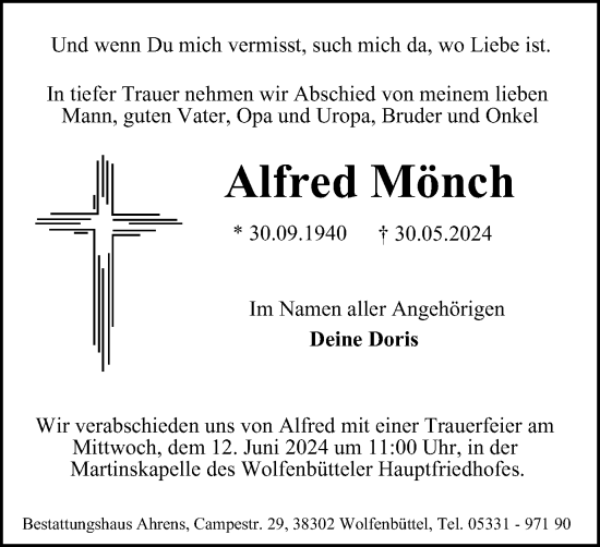 Traueranzeige von Alfred Mönch von Wolfenbütteler Zeitung