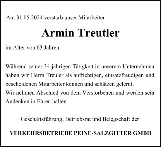 Traueranzeige von Armin Treutler von Salzgitter-Zeitung