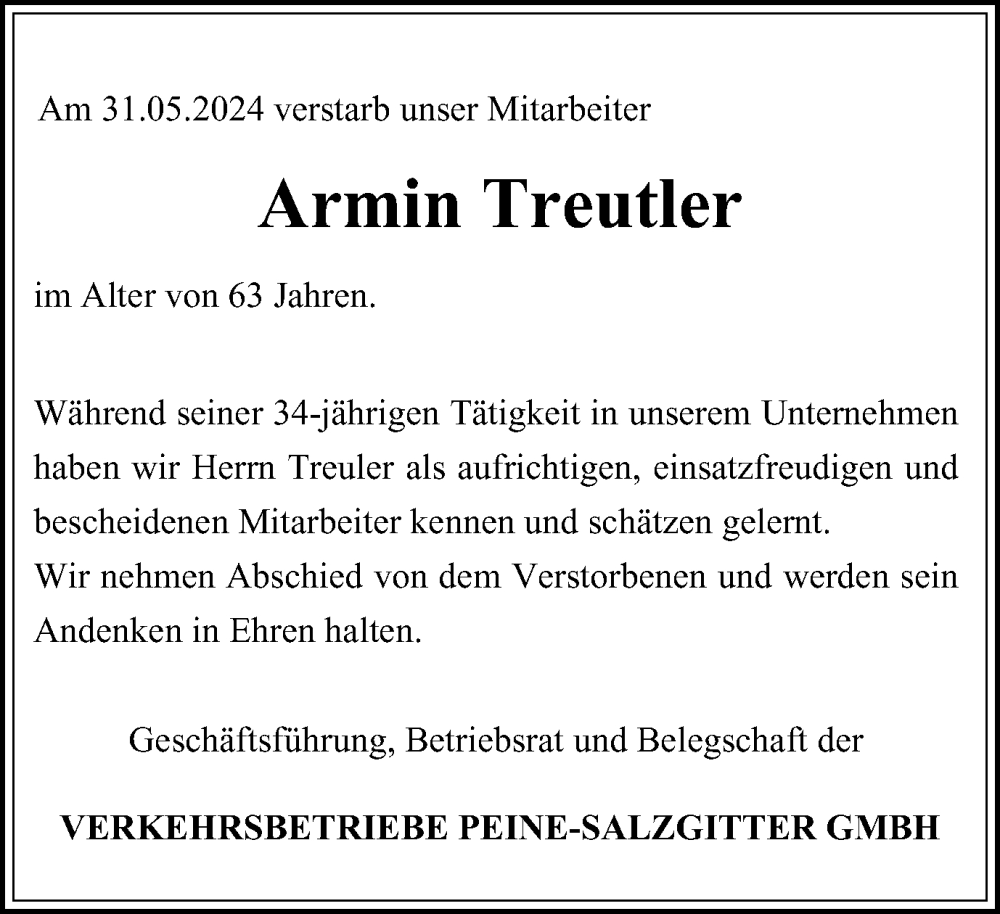  Traueranzeige für Armin Treutler vom 13.06.2024 aus Salzgitter-Zeitung