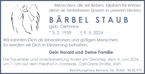 Traueranzeige von Bärbel Staub von Wolfsburger Nachrichten