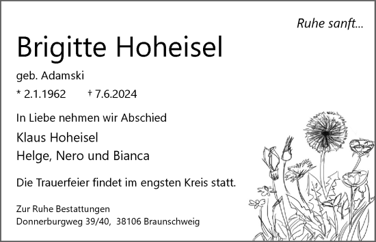 Traueranzeige von Brigitte Hoheisel von Neue Braunschweiger am Samstag