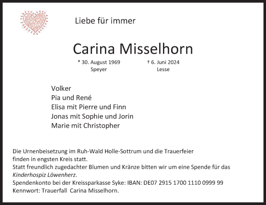 Traueranzeige von Carina Misselhorn von Salzgitter-Zeitung