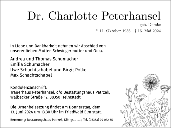 Traueranzeige von Charlotte Peterhansel von Helmstedter Nachrichten