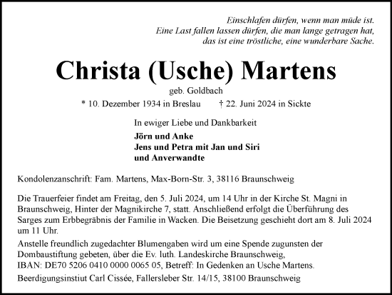 Traueranzeige von Christa Martens von Braunschweiger Zeitung