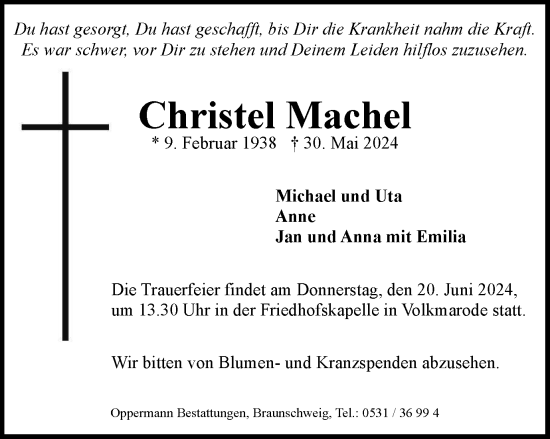 Traueranzeige von Christel Machel von Braunschweiger Zeitung