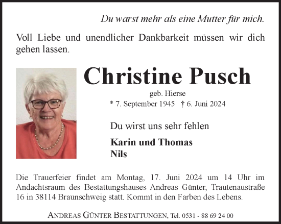 Traueranzeige von Christine Pusch von Braunschweiger Zeitung