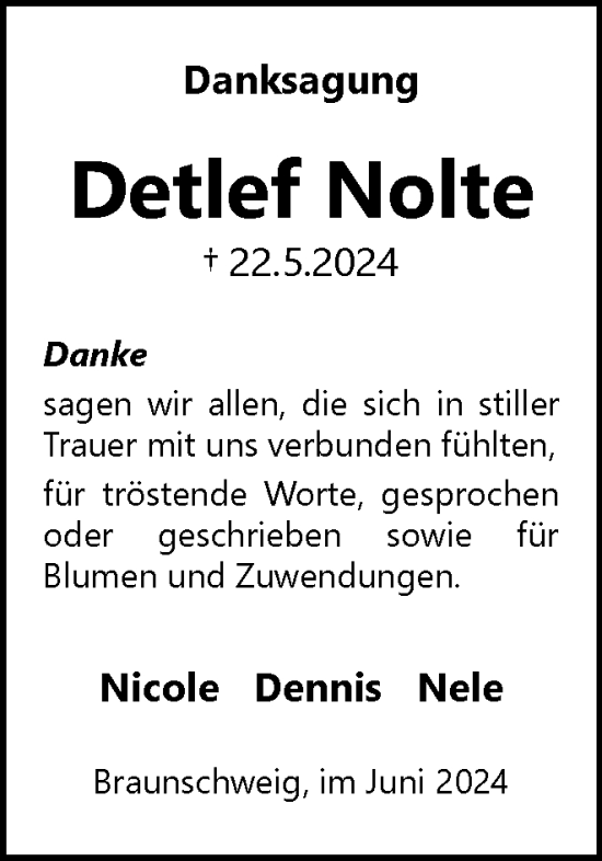 Traueranzeige von Detlef Nolte von Braunschweiger Zeitung
