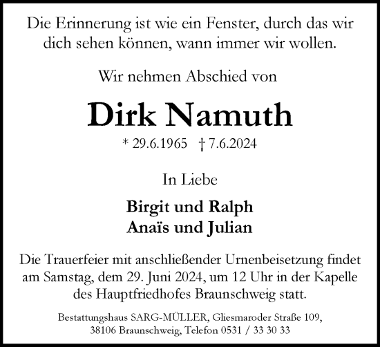 Traueranzeige von Dirk Namuth von Braunschweiger Zeitung
