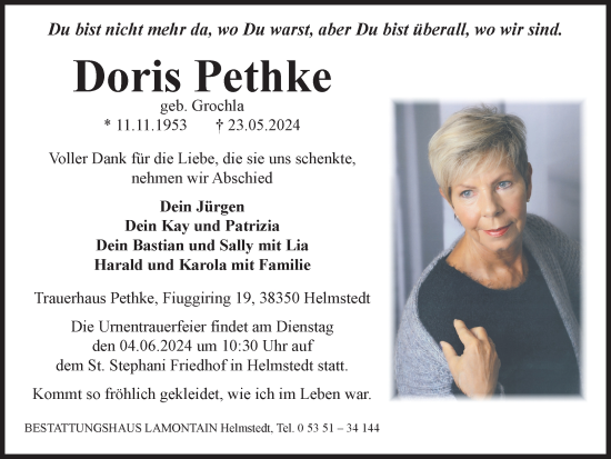 Traueranzeige von Doris Pethke von Helmstedter Nachrichten